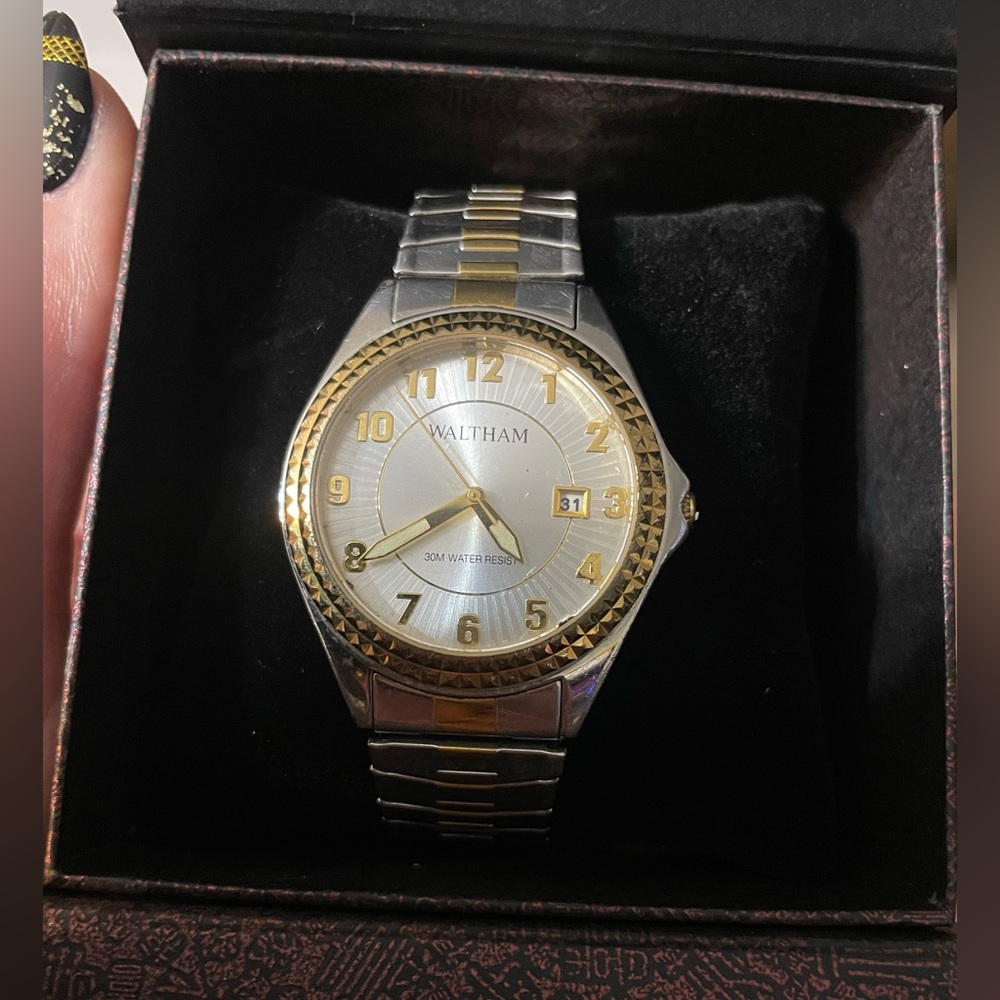 Vintage  Waltham President Datejust Retro men's watch gold silver tone stretch